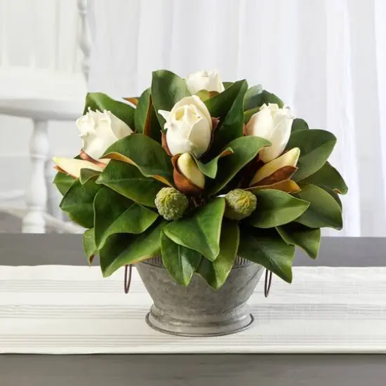 13" Magnolia Bud Plant in Vintage Bowl with Copper Trimming {4}