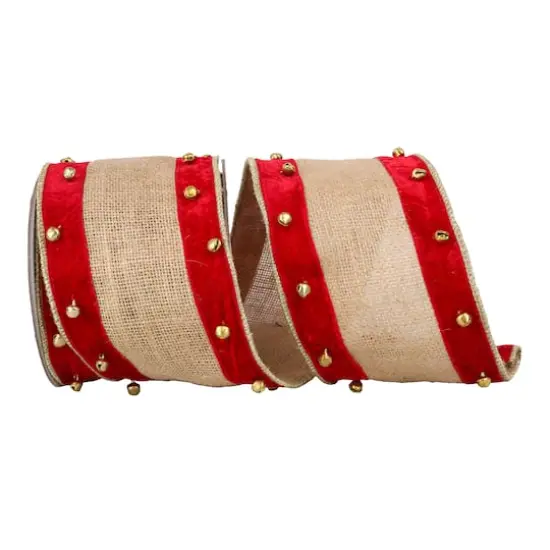 JAM Paper 4" x 5yd. Natural and Red Velvet Burlap and Bells Wired Edge Ribbon {1}