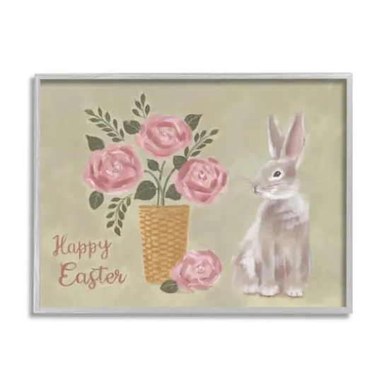 Stupell Industries Happy Easter Bunny Rose Bouquet Framed Giclee Art Gray {1}
