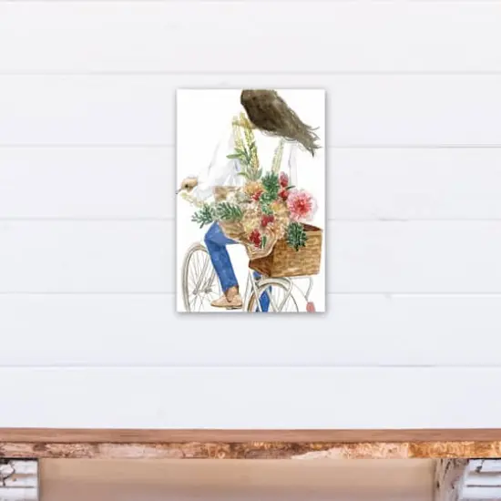 Watercolor Girl On Bike 11" x 14" Canvas Wall Art {5}