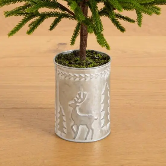 32in. Artificial Real Touch Norfolk Island Pine in Christmas Tin Metal Planter with Natural Look {6}