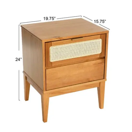 Hello Honey&reg; Crawford 24" Solid Wood Nightstand with Storage Drawers and Cane Detail Light Brown {12}