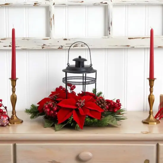 13" Poinsettia, Berry & Pine Artificial Arrangement Candelabrum {3}
