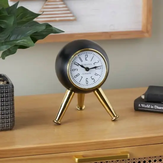 8.5" Black Aluminum Metal Orb Decorative Clock with White Clockface & Gold Tripod Legs {9}