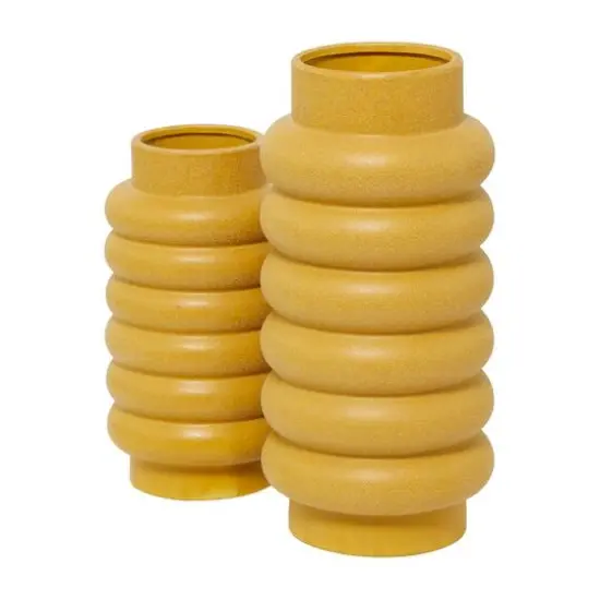 CosmoLiving by Cosmopolitan Yellow Ceramic Vase with Ring Ribbing Set of 2 16", 12" {3}