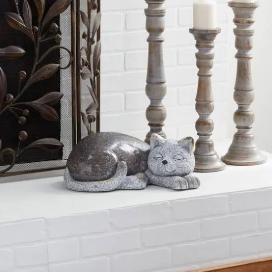 15" Gray Polystone Country Cat Garden Sculpture {8}