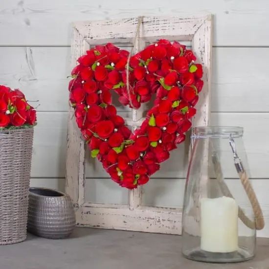Red Wooden Rose Floral Heart Shaped Artificial Valentine's Day Wreath 14" {3}