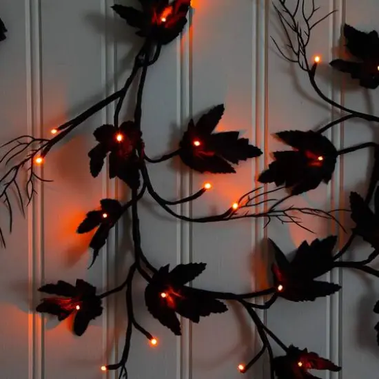 6.5ft. Pre-Lit Artificial Halloween Black Maple Garland with 48 Orange & Purple LED Lights {7}