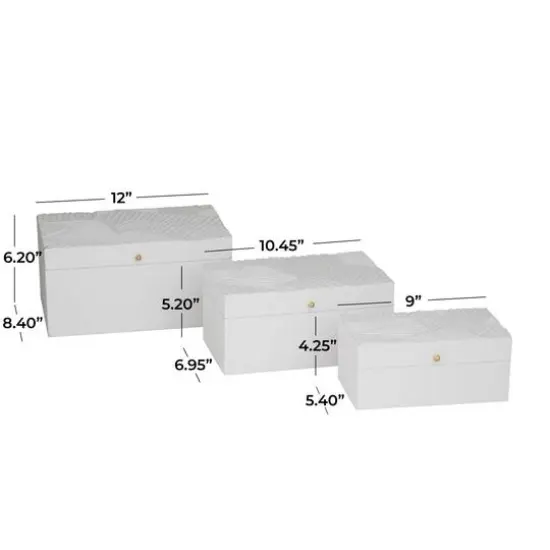 White Wood Intricate Carved Box with Hinged Lid Set {6}