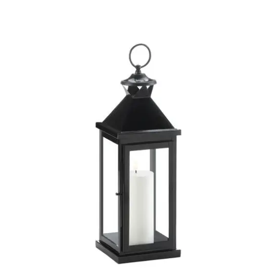 17.5" Glossy Black Iron & Glass Lantern {3}