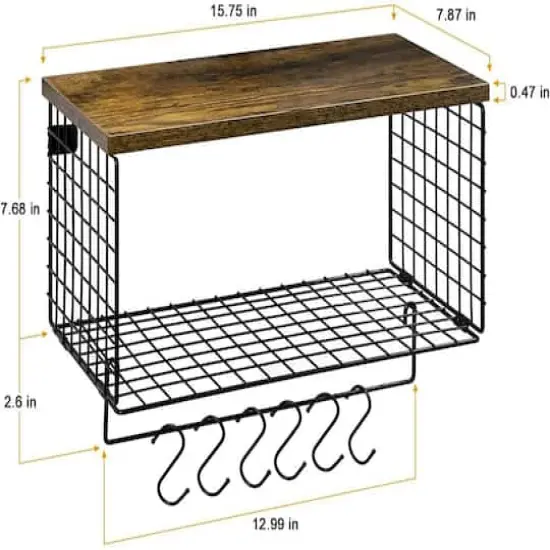 Wood & Metal Wall Mounted Bathroom Towel Rack with 6 Hooks Black {4}