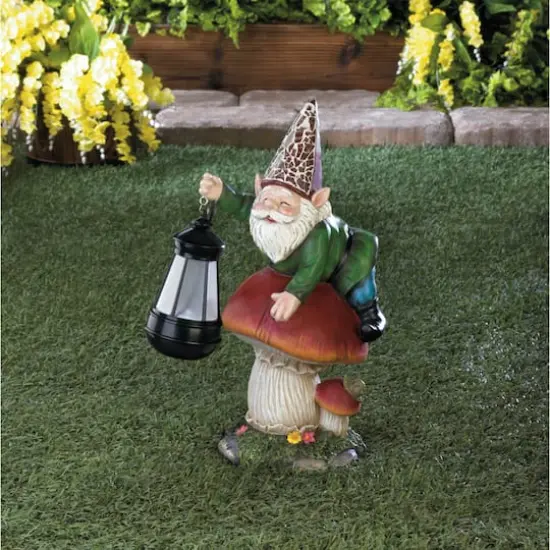 13" Gnome on Mushroom Solar Statue {3}