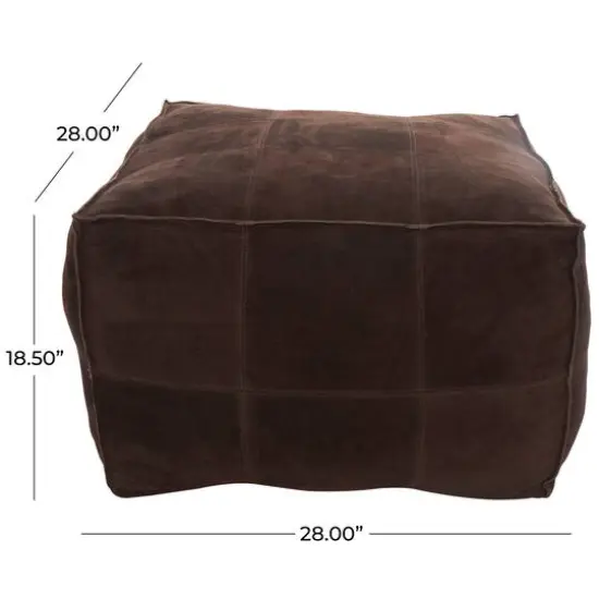 28" Leather Low Profile Square Pouf with Patchwork Design Dark Brown {7}