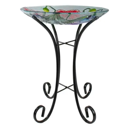 21'' Butterfly and Carnations Hand Painted Glass Birdbath {6}