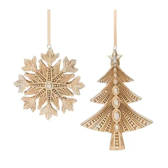 Glittered Gold Pine Tree & Snowflake Ornament Set {1}