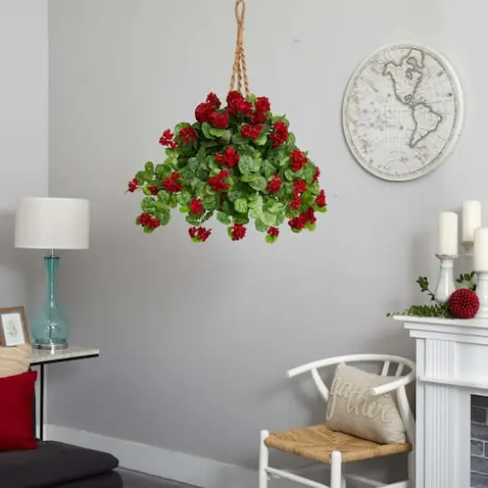 2.2ft. Red Geranium Artificial Plant in Hanging Basket {5}