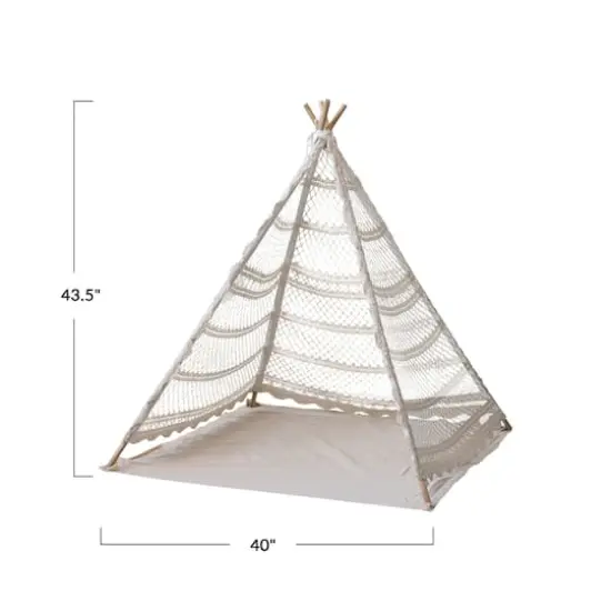 Hello Honey&reg; 43.5" Natural Reclaimed Cotton Crocheted & Teakwood Teepee with Mat {4}