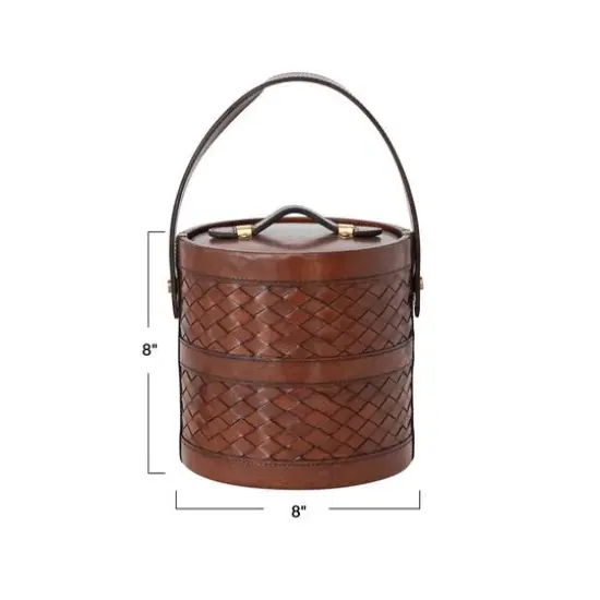 Hello Honey 2.5 Quart Reclaimed Wood, Woven Leather and Removable Stainless Steel Ice Bucket with Handle and Tongs, Cognac Color {8}