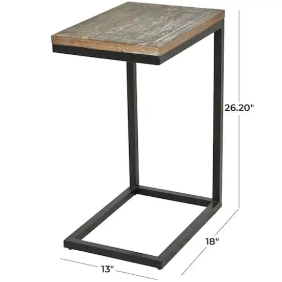 Brown Wood Distressed C-Shaped Accent Table with Black Metal Base 13" x 18" x 26" {6}