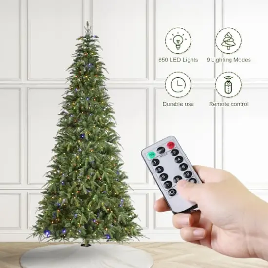 Glitzhome® 9ft Pre-Lit Green Slim Fir Artificial Christmas Tree, Multicolor LED Lights {8}