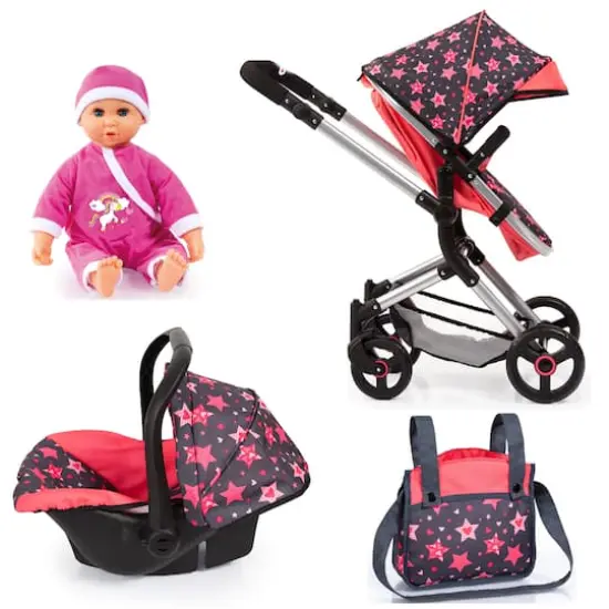 Bayer Design Neo Vario Red Stars Doll Pram & Car Seat Set {1}