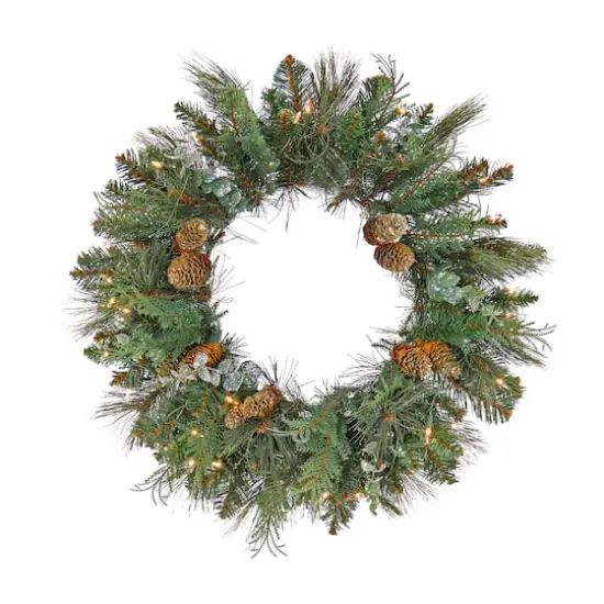 First Traditions&trade; 24'' Pre-Lit Artificial North Conway Wreath with Glittery Cones and Eucalyptus {1}