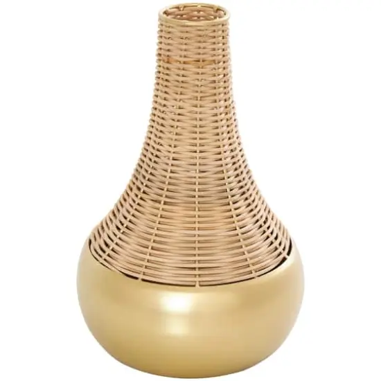 11" Brown & Gold Rattan Handmade Woven Vase {1}