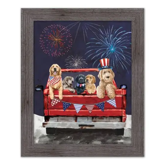 Patriotic Truck Pups Western Framed Print Gray Frame {1}