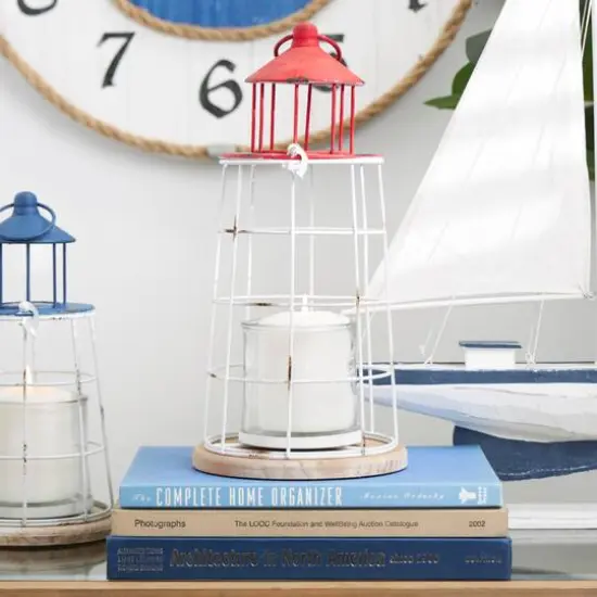15" Red Metal Distressed Decorative Light House Candle Lantern {9}