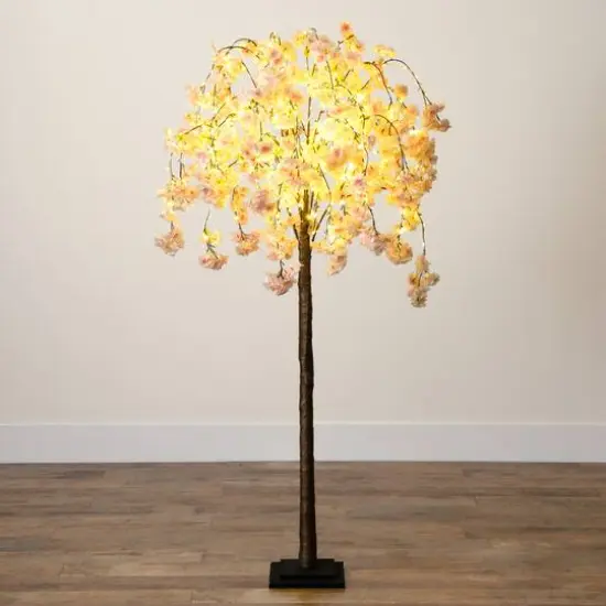 5ft. Pre-Lit Blossoming Pink Artificial Cascading Cherry Tree with Warm White LED Lights {8}