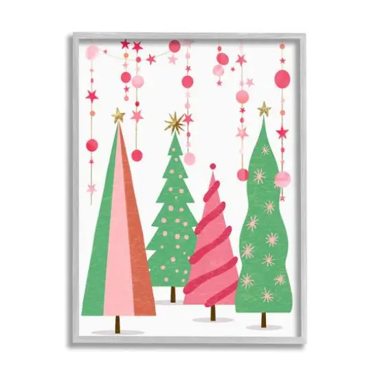 Stupell Industries Pink & Green Christmas Trees Framed Giclee Art Gold {1}