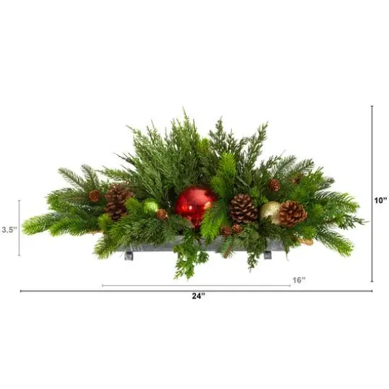 24" Cedar Pine, Pinecones & Ornaments Artificial Christmas Arrangement in Tin Vase {7}