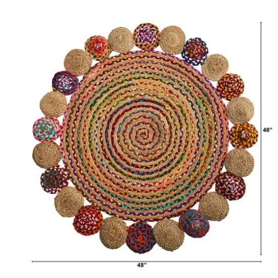 4ft. x 4ft. Hand Braided Colorful Chindi Jute Mandala Round Rug {3}