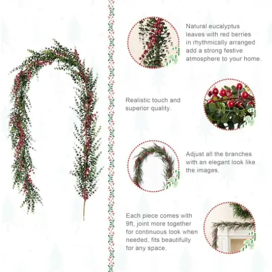 Glitzhome&reg; 9ft Christmas Greenery Eucalyptus Garland with Red Berries {7}