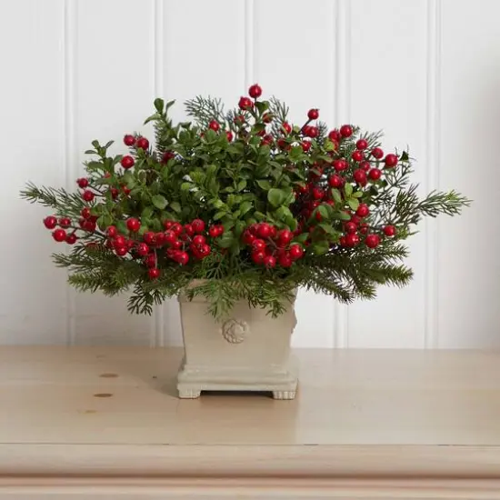 12" Potted Holiday Berry & Pine Artificial Arrangement {3}