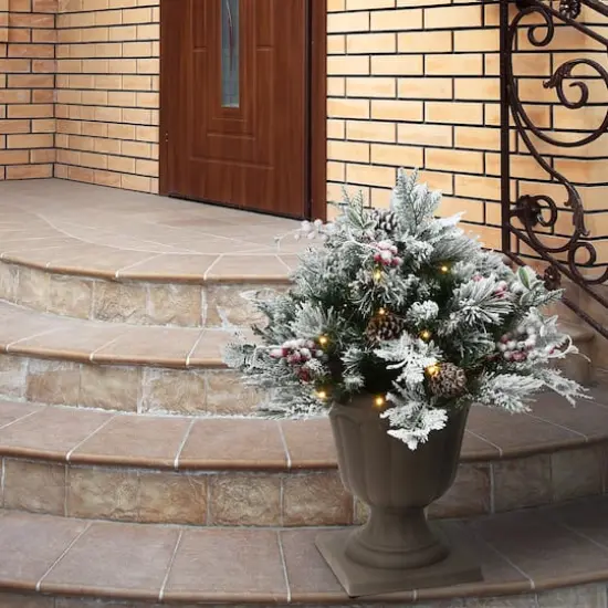 18" Snowy Bedford Urn Filler with Battery Operated LED Lights {3}