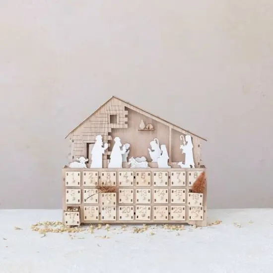 Hello Honey&reg; 13.5" Wood Laser-Cut Nativity Advent Calendar with LED Light & Drawers {3}