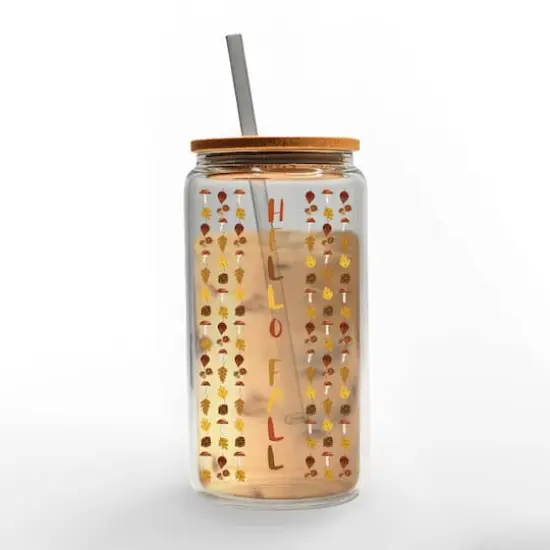 Hello Fall Leaf Border 16oz. Glass Can Cup {3}