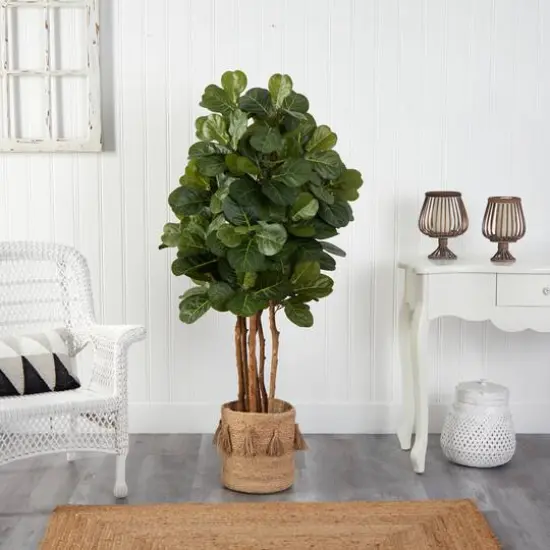 5ft. Fiddle Leaf Fig Artificial Tree in Handmade Natural Jute Planter with Tassels {4}