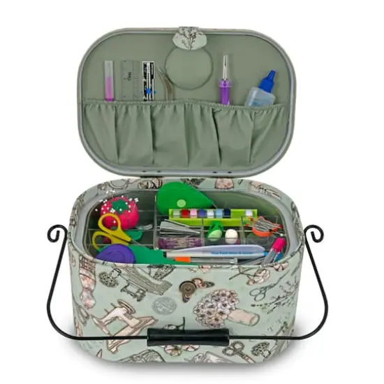 Dritz&reg; Green Sewing Print Small Oval Sewing Basket With Metal Handle {6}