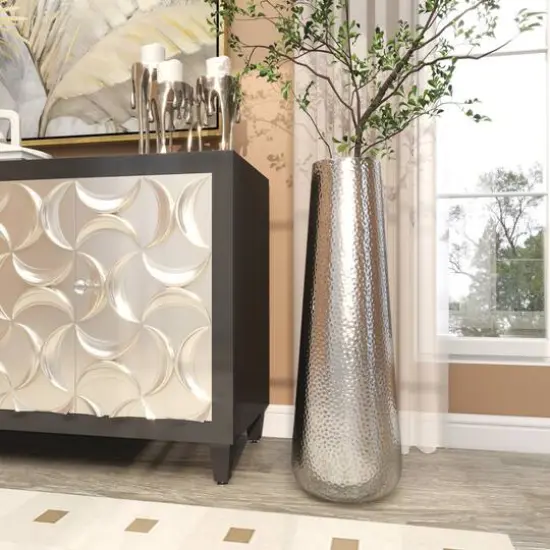 31" Silver Aluminum Tall Hammered Vase {12}