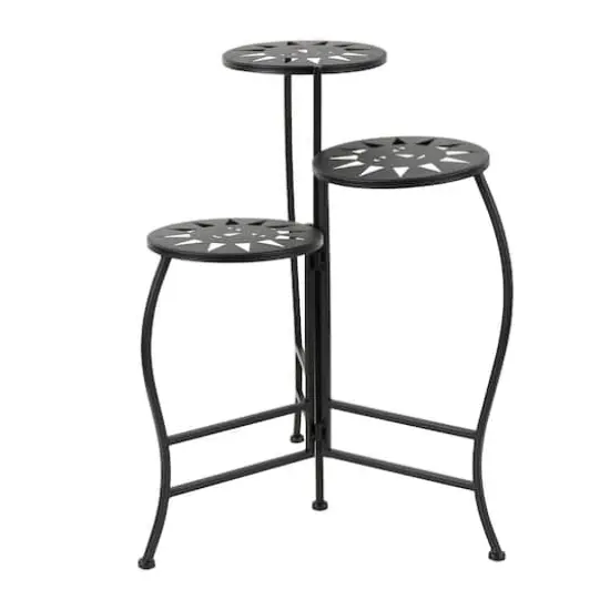 24" Black Metal Folding 3-Tier Plant Stand with Sun Face Cutouts {1}