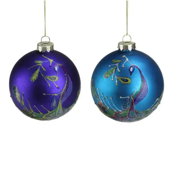 2ct. 4" Purple & Blue 2-Finish Peacock Glass Ball Ornaments {4}