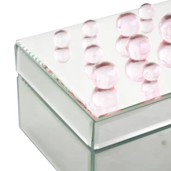 8" x 5" x 4.5" Silver Glass Mirrored Decorative Jewelry Box with Pink Bubble Textured Balls {7}