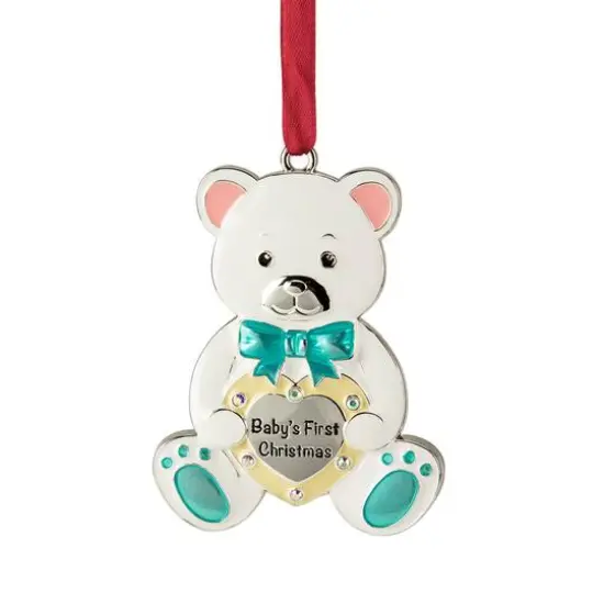 3" Pastel & Silver Plated Bear Baby's First Christmas Ornament with European Crystals {1}