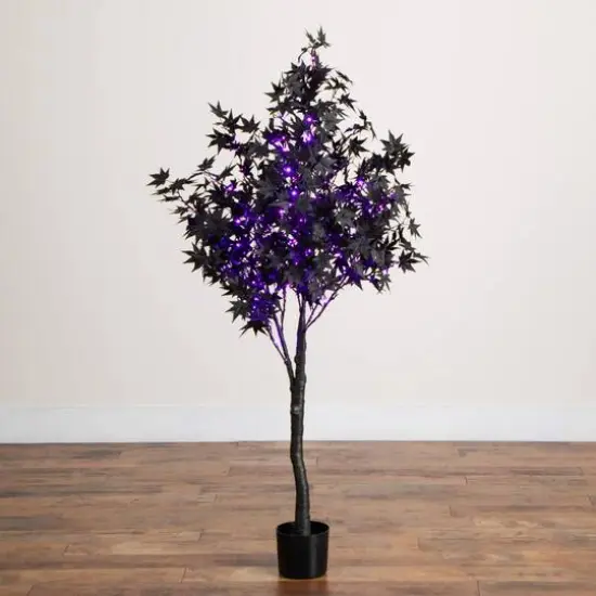 5ft. Pre-Lit Artificial Halloween Black Maple Tree with 240 Orange & Purple LED Lights {8}