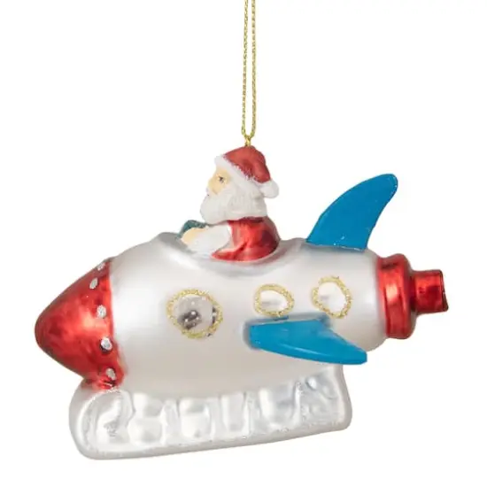 4.5" Santa In A Silver Rocket Ship Glass Christmas Ornament {1}