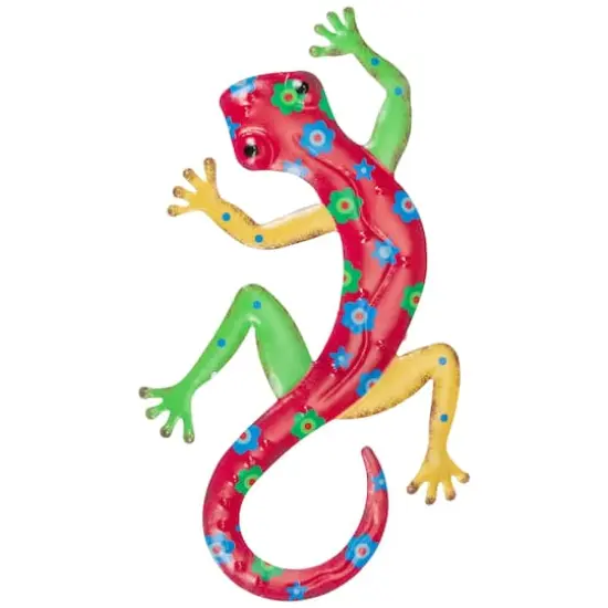 12" Red Floral Metal Outdoor Wall Hanging Lizard {1}