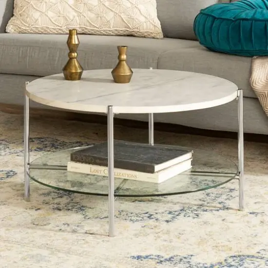Faux White Marble, Glass & Chrome Modern Round Coffee Table {4}