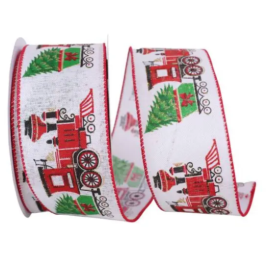 JAM Paper 2.5" x 20yd. Train with Christmas Tree Linen Ribbon {1}
